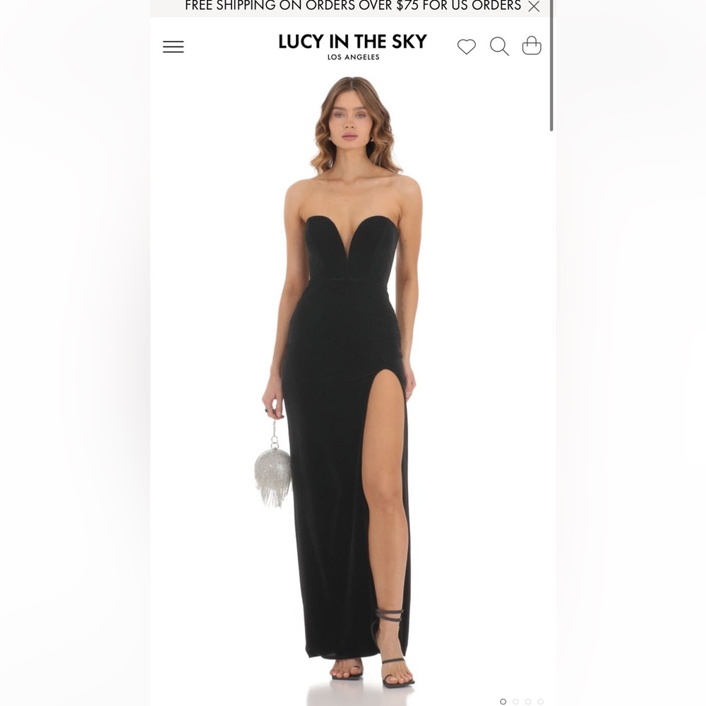 Black velvet sweetheart neckline gown with slit